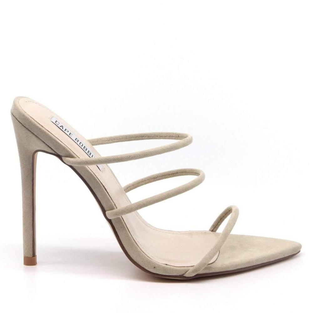 💛 3 Strap Stiletto Sexy Mules Heels Nude Taupe - Picture 2 of 4